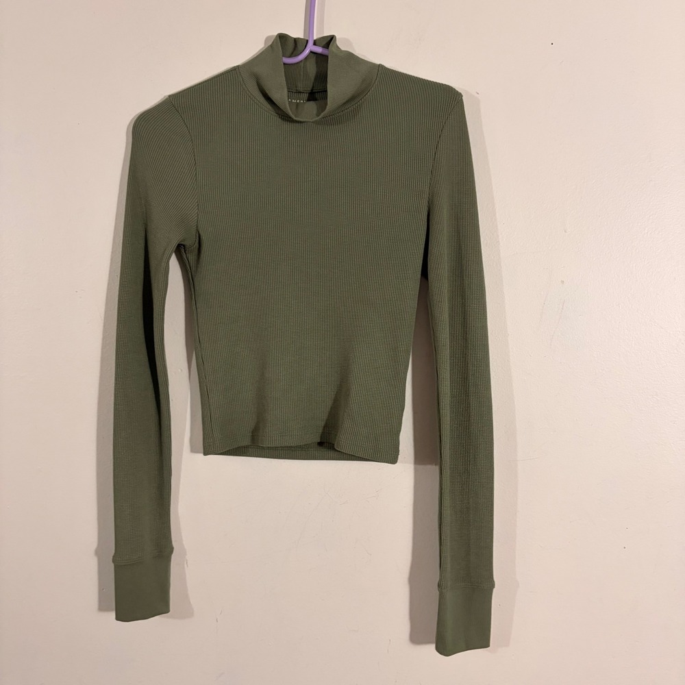 American Eagle Waffle Knit Top Womens S Olive Green  Mock Neck Thermal